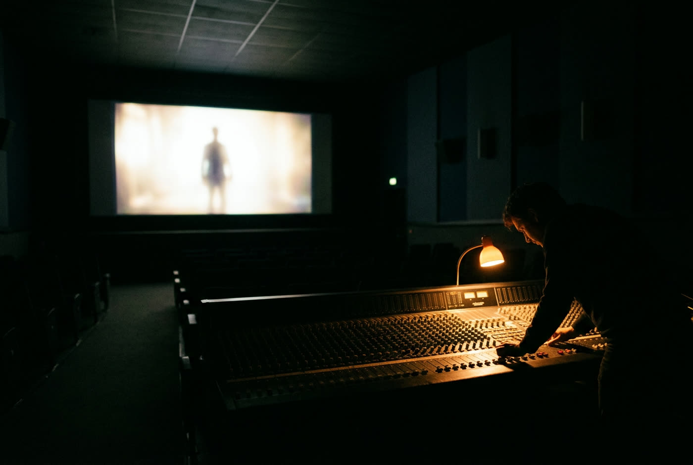 A mix stage: a film on the screen, one person at the desk